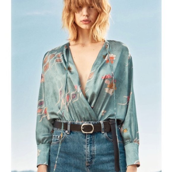 #134 Zara accessories long sleeved teal floral Faux Silk bodysuit Small - Picture 2 of 15